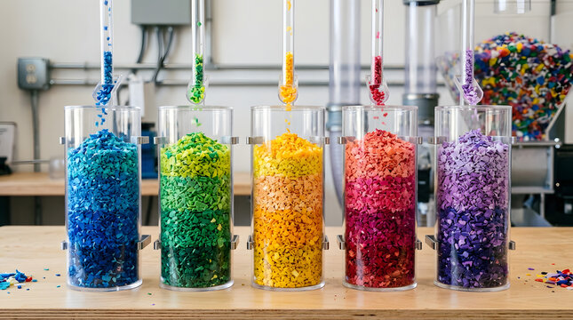 Colorful sorted plastic flakes in clear cylinders in laboratory