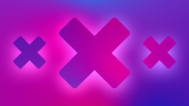 Neon cross shapes on gradient background. Abstract glowing symbols in pink and blue light.