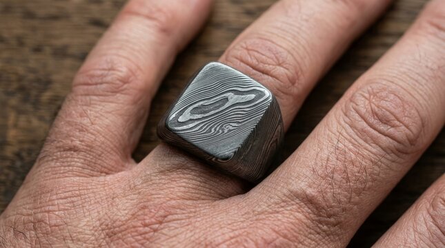 A close up of a hand wearing a metal ring with a wavy pattern.