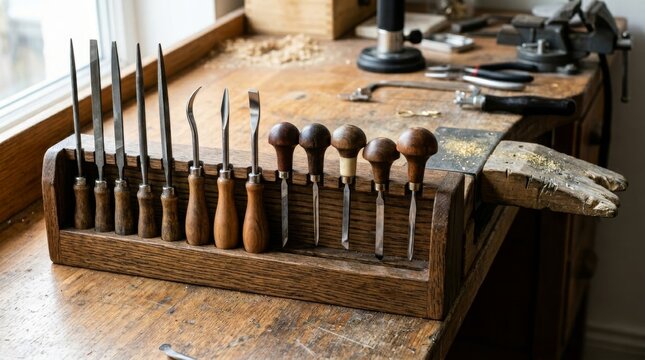 A row of chisels sits in a wooden tool rack on a workshop bench.
