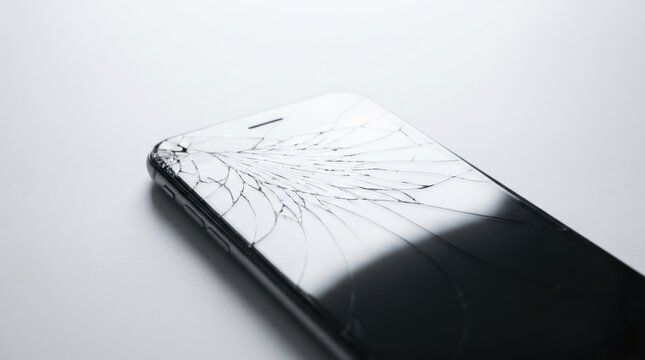 Broken Cell Phone Screen with Shattered Glass Texture on White Background