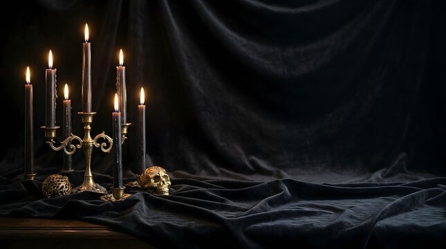 Dark scene with candles and soft fabric drapery creating a gothic and mysterious mood.