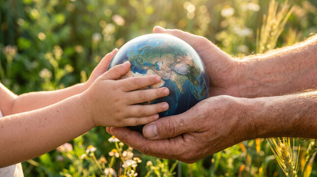 Child and adult hands holding a globe together in a sunny green field at golden hour