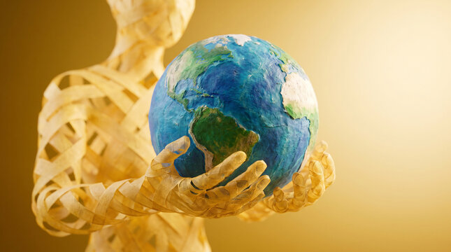 Woven figure holding a textured paper mache globe with warm golden light