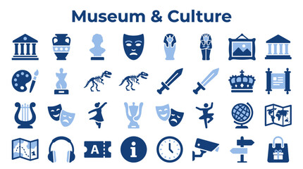 Set of flat icons representing museum and cultural themes for educational and exhibition design © Iconique Studio