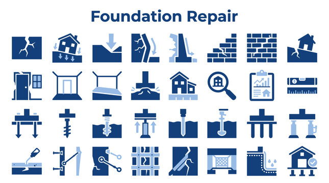 Foundation Repair and Structural Engineering Icon Set for Building Maintenance and Construction Services