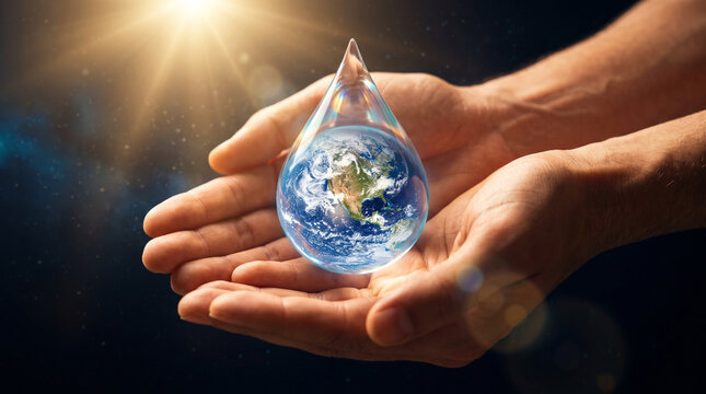 Cupped hands holding a water drop with Earth inside, illuminated by bright sun rays from above