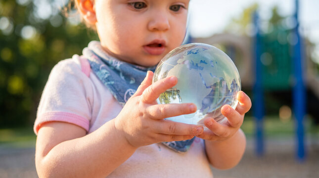 Close-up of a toddler holding a clear glass globe outdoors in soft afternoon light