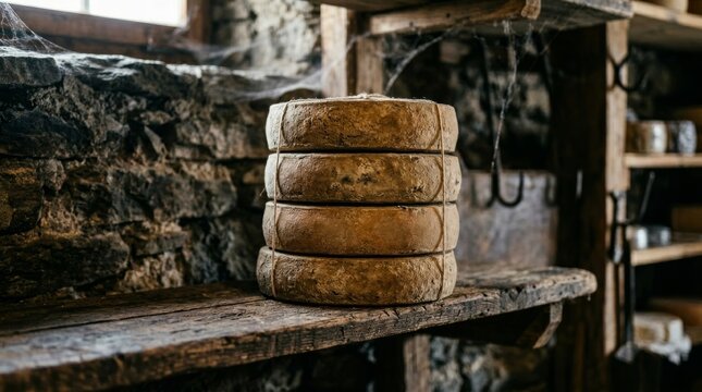 A stack of round cheese wheels tied with string in a dusty cellar.