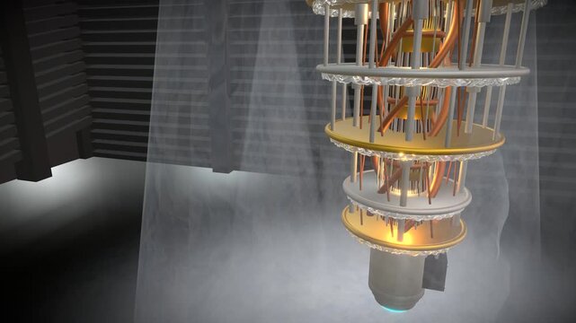 Wide aggressive overhead crane drop plunging down into a quantum computer core featuring a cryogenically cooled golden processors suspended in an industrial vault, panoramic view.