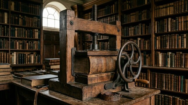 A wooden book press sits in a library beside old books.