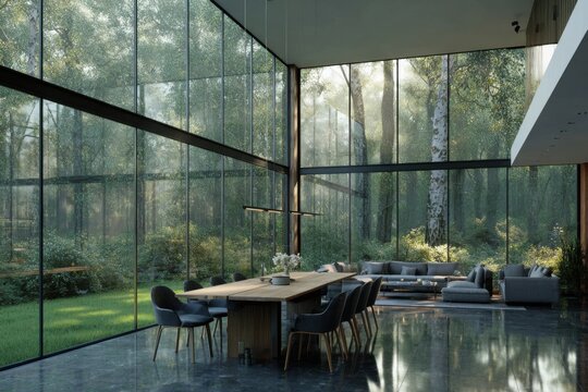 A stunning glass house elegantly positioned to overlook a lush forest, featuring expansive windows and stylish modern furniture.