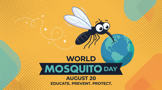 World Mosquito Day August 20th illustration with cartoon mosquito, Earth globe, and text on yellow background