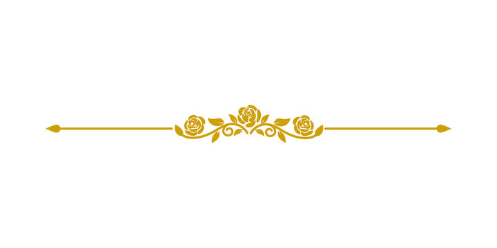 Elegant gold floral line divider with roses and arrow tips, isolated on transparent background