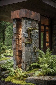 A sturdy stone pillar majestically stands at the entrance of a serene forest home, embraced by lush greenery and soft moss, all under a cloudy sky
