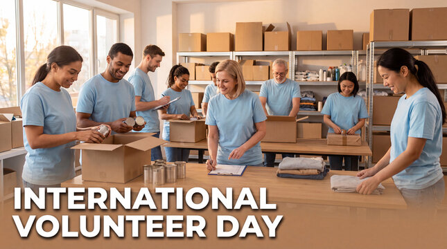 Diverse Team Of Volunteers Packing Donation Boxes At Charity. International Volunteer Day concept showing community service, charity work, and helping others.