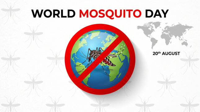 World Mosquito Day illustration with mosquito on globe and prohibition sign on white background