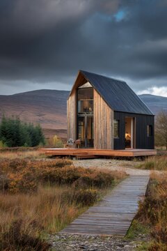 A contemporary wooden house is nestled in a highland region, encircled by rolling hills and lush trees, all beneath a dramatic, cloudy late afternoon sky