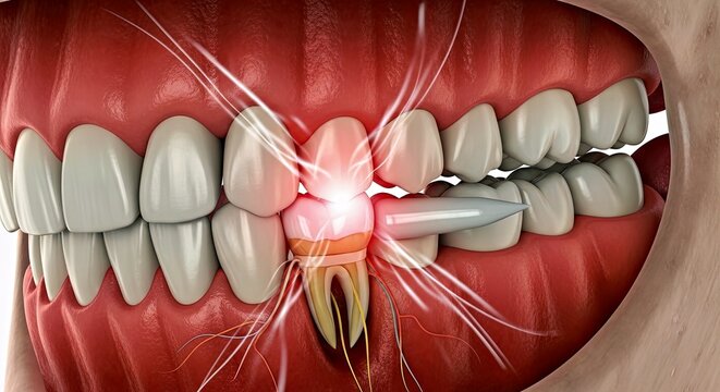 Animated Depiction of a Tooth With an Infection and a Root Canal Treatment in Progress