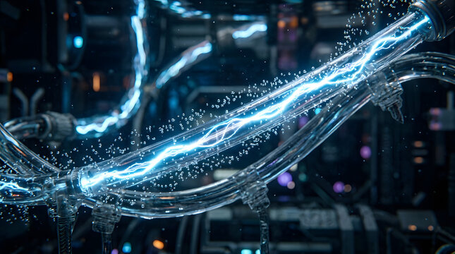 Futuristic transparent tube with electric energy plasma flow