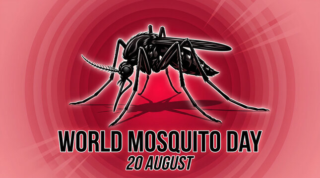 Stylized black mosquito illustration for World Mosquito Day on red radial background with text