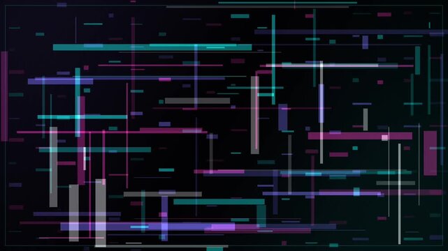 Digital glitch lines streaking across dark grid background with motion blur, horizontal motion, centered, neon colors