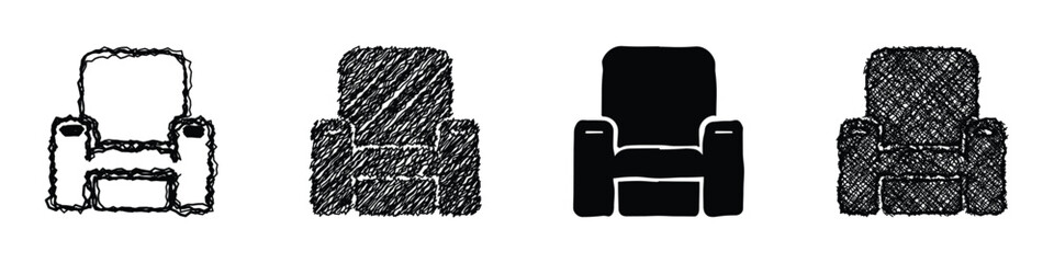 Fototapeta premium Four distinct representations of an armchair, showcasing variations in line art, hatching, and solid silhouette styles for diverse design needs