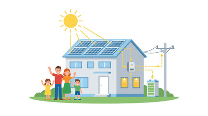 Family enjoying solar powered house with sun and energy storage