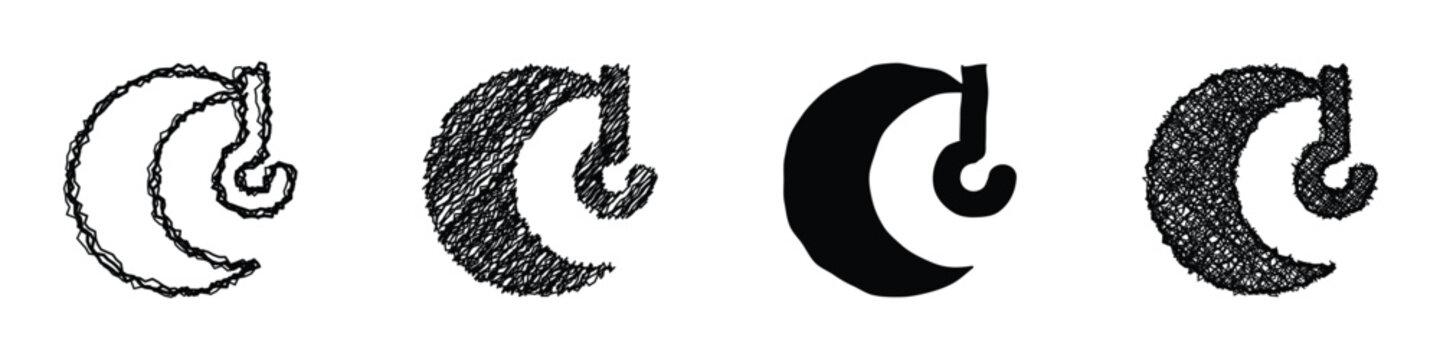 A collection of four stylized crescent moon and question mark icons, showcasing different artistic textures and fills for versatile design applications
