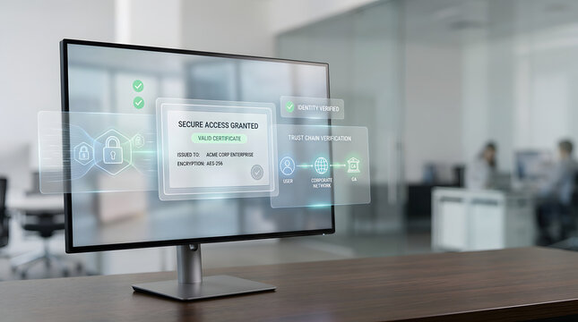 Computer monitor displaying secure access granted and identity verification interface