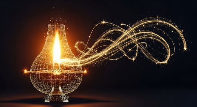A radiant traditional oil lamp glows with a digital wireframe mesh, golden light trails, and shimmering sparkles against a dark backdrop, sparkles, festive, burning