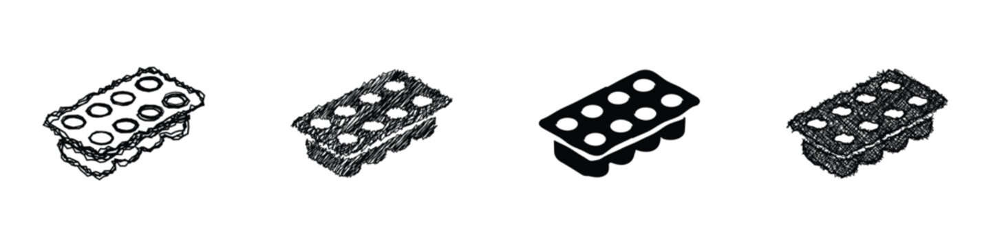 A collection of four distinct graphic styles depicting a blister pack containing eight round pills, presented in isometric view