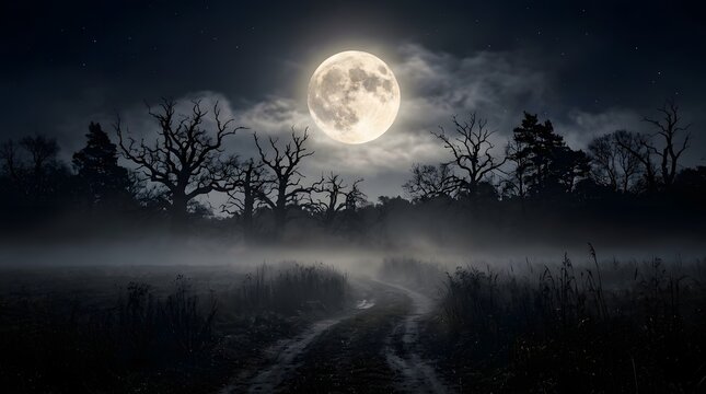 Bright full moon illuminating a foggy landscape with bare trees, creating a classic eerie night scene.