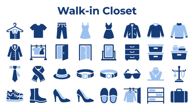 Set of flat style icons representing clothing accessories and furniture for a walk in closet interior design and fashion organization concept