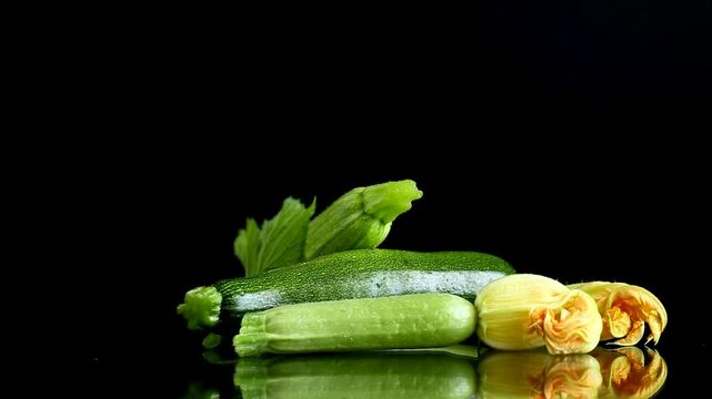 Light green zucchini with yellow flower on black reflective studio background