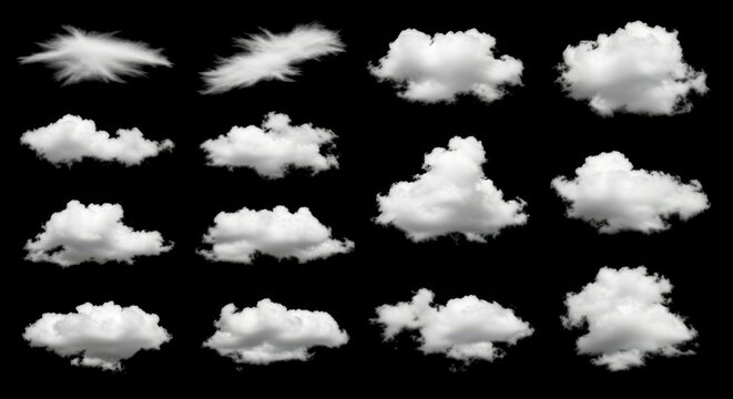 Set of Realistic White Clouds Isolated on Black Background for Graphic Design and Photo Manipulation