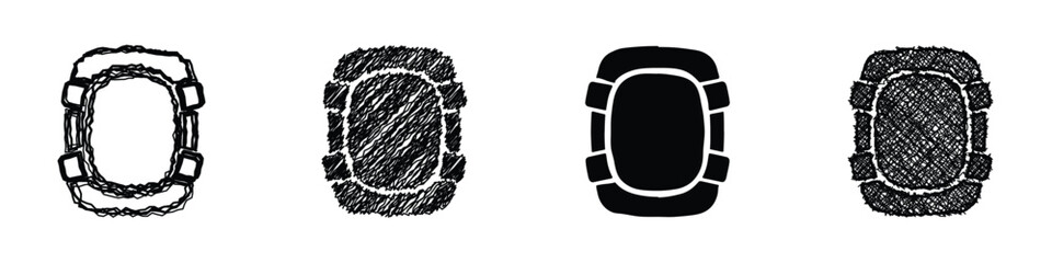This graphic displays four distinct knee pad icons, varying in artistic style from sketched to solid black silhouettes, all presented on a clean white backdrop © Vova7