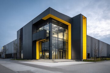Naklejka premium A contemporary structure featuring a spacious glass entrance illuminated by striking yellow accents, set against the backdrop of an urban landscape during the enchanting twilight hours