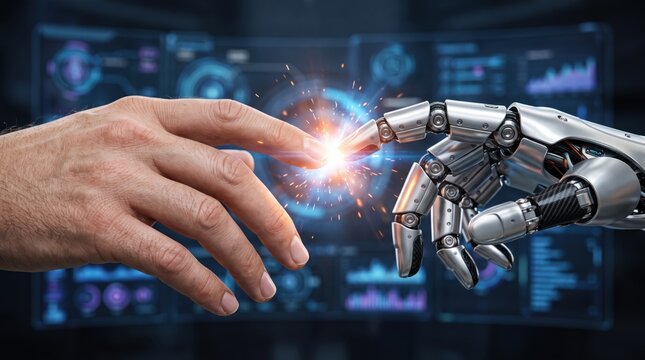 Human hand touching robotic finger with electric sparks, artificial intelligence concept, futuristic technology background, digital interface screens, connection between man and...