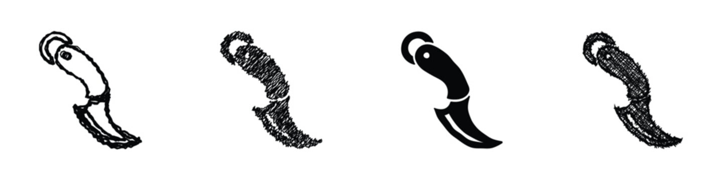 This graphic displays four distinct karambit knife icons, each rendered with a unique artistic style, from simple line art to textured scribbles and solid black fill
