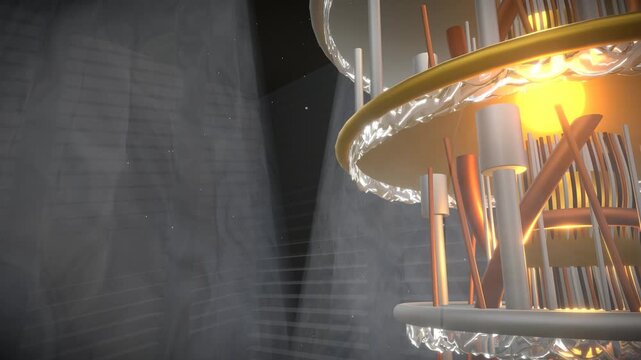 Wide slow vertical crane upward movement exploring a quantum computer core featuring a cryogenically cooled golden processors suspended in an industrial vault, panoramic view.