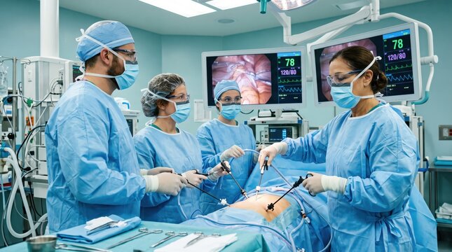 Professional surgical team performing laparoscopic minimally invasive surgery in modern operating room, doctors using advanced endoscopic equipment and monitors for patient care...