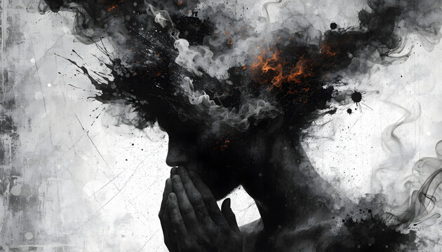 Abstract double exposure portrait of a profile with smoke and fire. Mental health awareness concept. Person holding hands to face with dark smoke exploding from their head