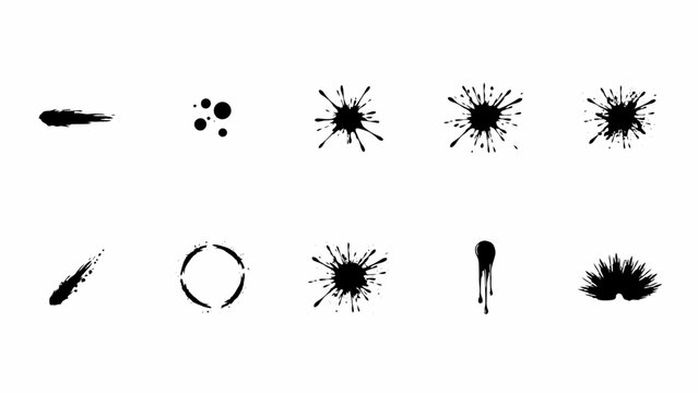 Ink splatter shapes collection black silhouettes on a white background for graphic design splash blot splotch drop stain