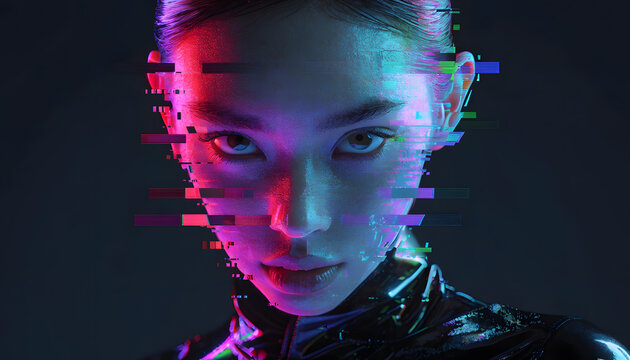Cyberpunk style neon portrait of an Asian woman with digital glitch distortion. Cyber security and AI technology concept. Female cyborg face illuminated by glowing pixelated artifacts