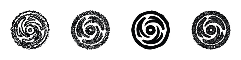 Naklejka premium Collection of four distinct black and white abstract circular designs featuring swirling vortex and spiral patterns, rendered in different artistic styles