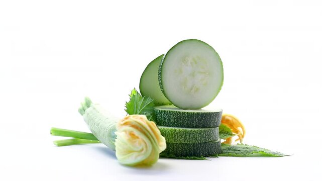 Green zucchini slices with natural leaves on isolated white background