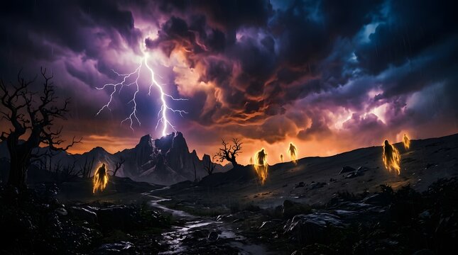 Dramatic lightning storm over a dark mountainous landscape with glowing sky and intense atmosphere.