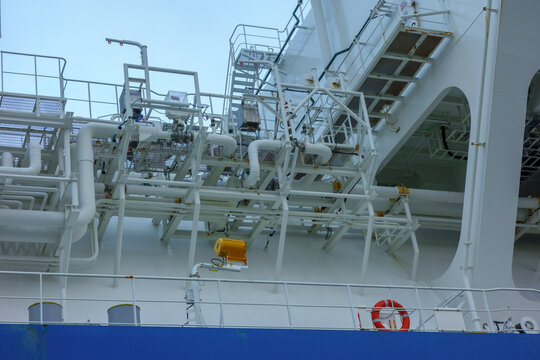 Industrial Piping System, Walkways, and Safety Equipment on a Large Commercial Vessel, Maritime Engineering and Infrastructure Details