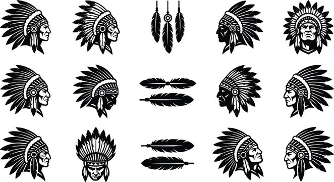 Set of native american tribal chief head silhouette icons featuring detailed feather headdresses war bonnets and isolated eagle feathers for mascot logo designs
